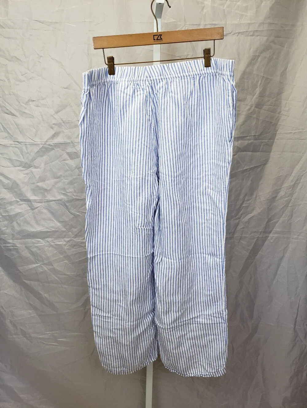 H&M Blue White Vertical Striped Linen Blend Drawstring Wide Leg Pants Size XL